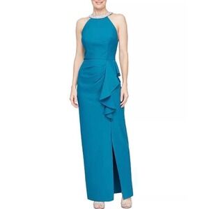 Alex Evenings Teal Rhinestone Halter Neck Scuba Stretch Ruffle Dress 8 PETITE